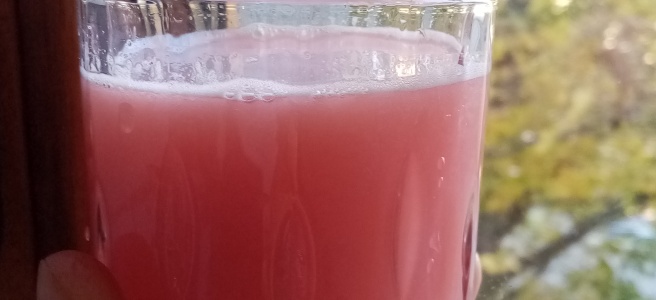 juice in a glass, hold in a hand near the window