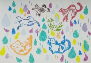 the drawing with flowing down cats and dogs with drops of water in color pastel